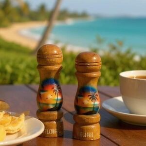Vintage Aloha Hawaii Wood Kitsch Tall Salt and Pepper Shakers